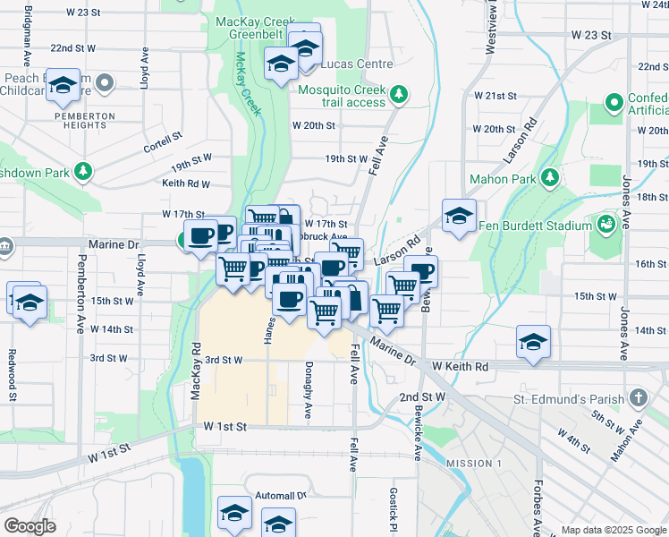 map of restaurants, bars, coffee shops, grocery stores, and more near 827 16th Street West in North Vancouver