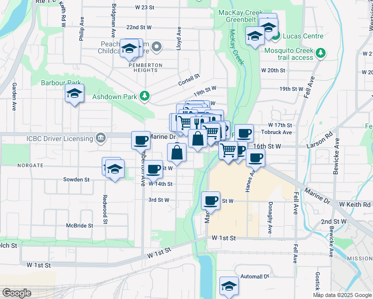 map of restaurants, bars, coffee shops, grocery stores, and more near 1060 Churchill Crescent in North Vancouver