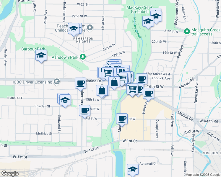 map of restaurants, bars, coffee shops, grocery stores, and more near 1060 Churchill Crescent in North Vancouver