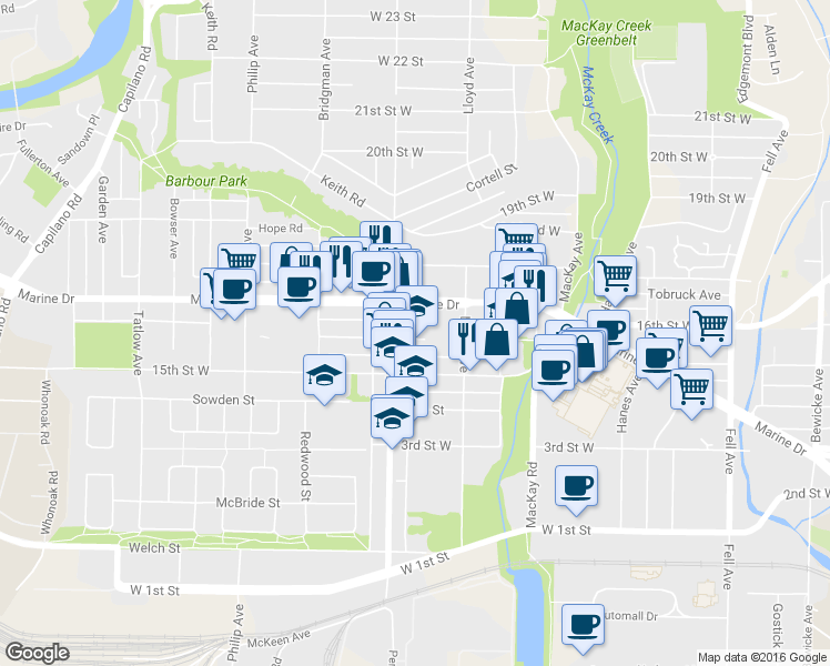 map of restaurants, bars, coffee shops, grocery stores, and more near 1182 16th Street West in North Vancouver