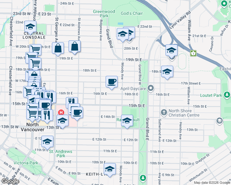 map of restaurants, bars, coffee shops, grocery stores, and more near 446 16th Street East in North Vancouver
