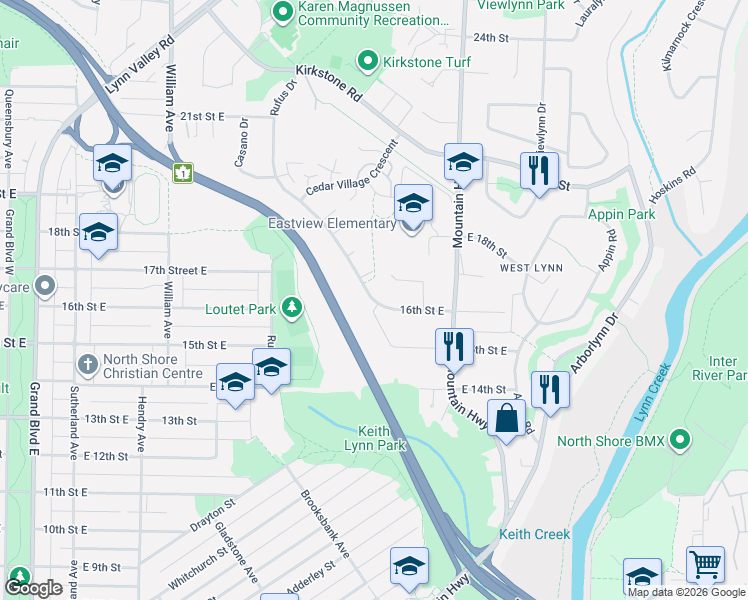 map of restaurants, bars, coffee shops, grocery stores, and more near 1741 Rufus Drive in North Vancouver