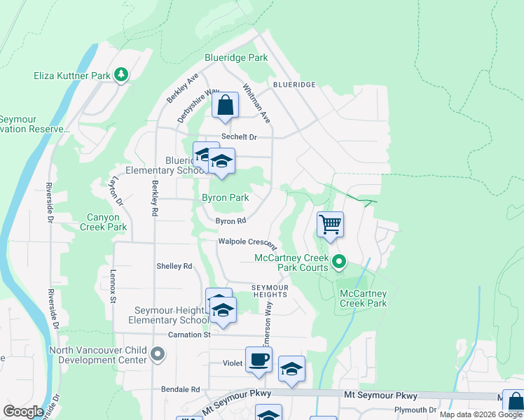 map of restaurants, bars, coffee shops, grocery stores, and more near 2719 Byron Road in North Vancouver