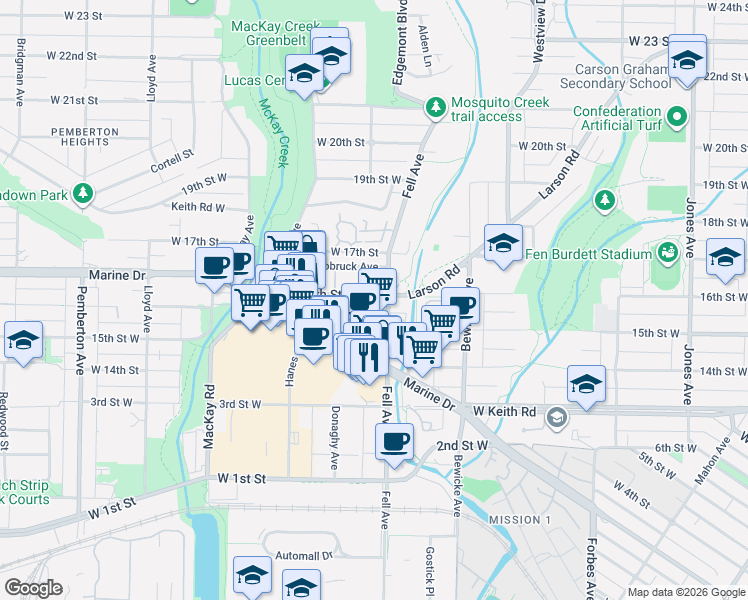map of restaurants, bars, coffee shops, grocery stores, and more near 809 16th Street West in North Vancouver