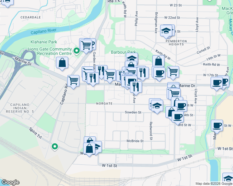 map of restaurants, bars, coffee shops, grocery stores, and more near 1518 Bowser Avenue in North Vancouver