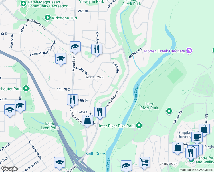 map of restaurants, bars, coffee shops, grocery stores, and more near 1641 Appin Road in North Vancouver