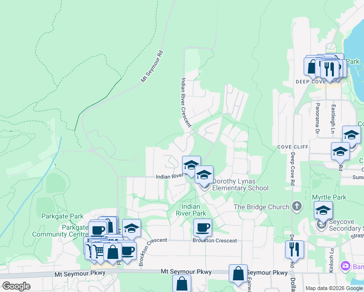 map of restaurants, bars, coffee shops, grocery stores, and more near 1925 Indian River Crescent in North Vancouver