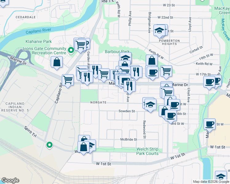map of restaurants, bars, coffee shops, grocery stores, and more near 1528 Bowser Avenue in North Vancouver
