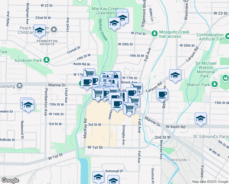 map of restaurants, bars, coffee shops, grocery stores, and more near 900 16th Street West in North Vancouver