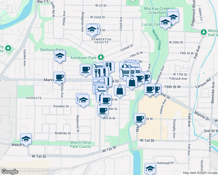 map of restaurants, bars, coffee shops, grocery stores, and more near 1182 16th Street West in North Vancouver