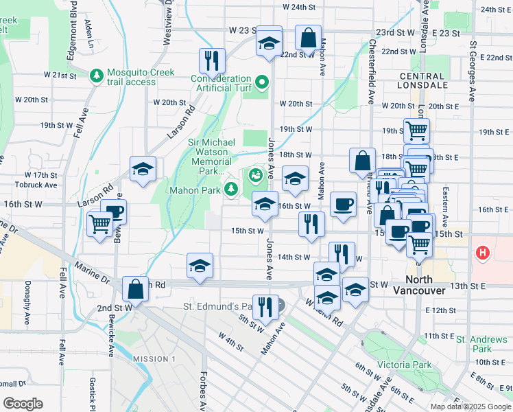 map of restaurants, bars, coffee shops, grocery stores, and more near 415 West 16 Street in North Vancouver