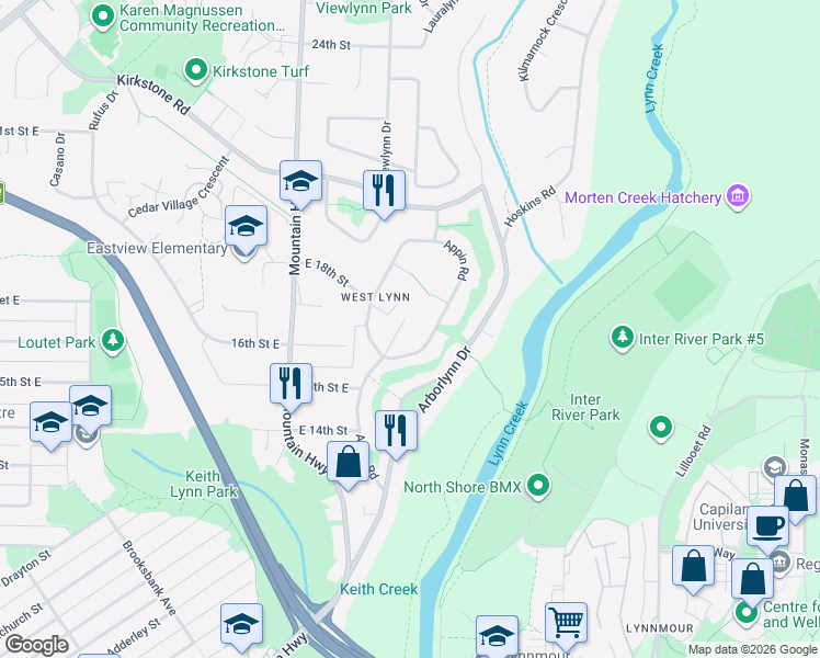 map of restaurants, bars, coffee shops, grocery stores, and more near 1670 Ayleslynn Drive in North Vancouver