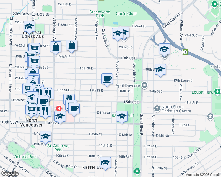 map of restaurants, bars, coffee shops, grocery stores, and more near 446 16th Street East in North Vancouver