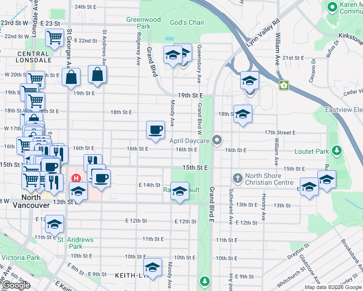 map of restaurants, bars, coffee shops, grocery stores, and more near 532 16th Street East in North Vancouver
