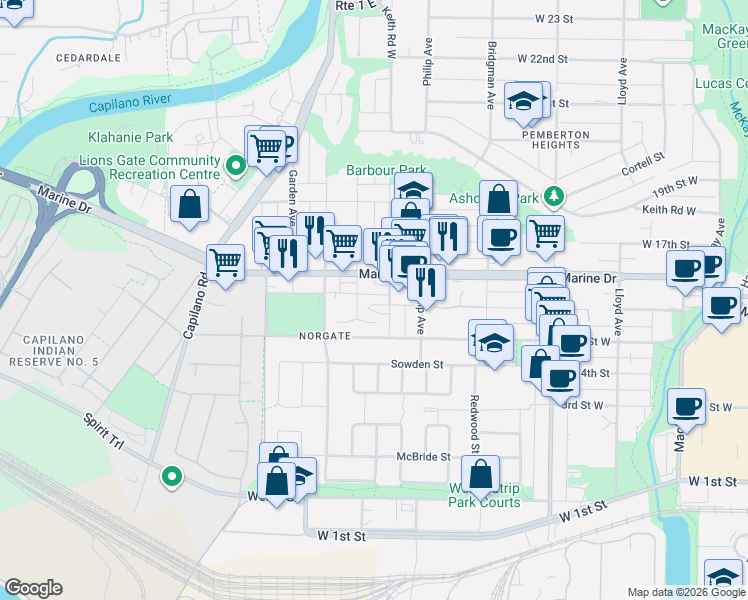 map of restaurants, bars, coffee shops, grocery stores, and more near 1528 Bowser Avenue in North Vancouver