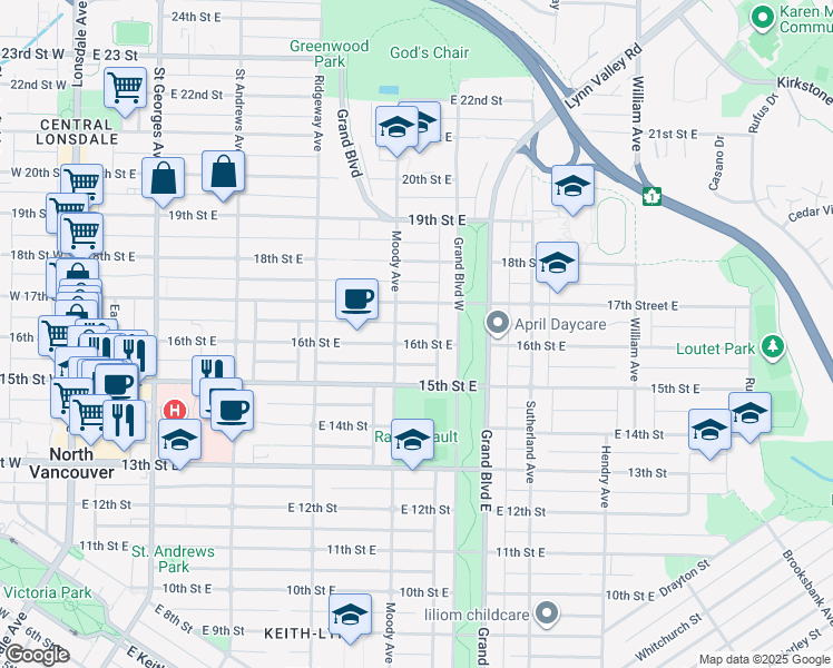 map of restaurants, bars, coffee shops, grocery stores, and more near 518 16th Street East in North Vancouver