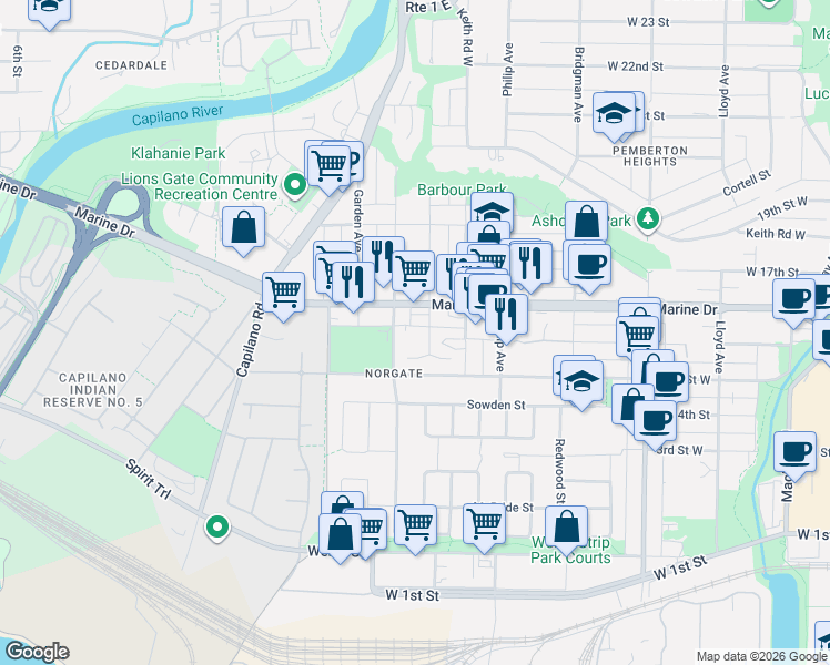 map of restaurants, bars, coffee shops, grocery stores, and more near 1513 Bowser Avenue in North Vancouver