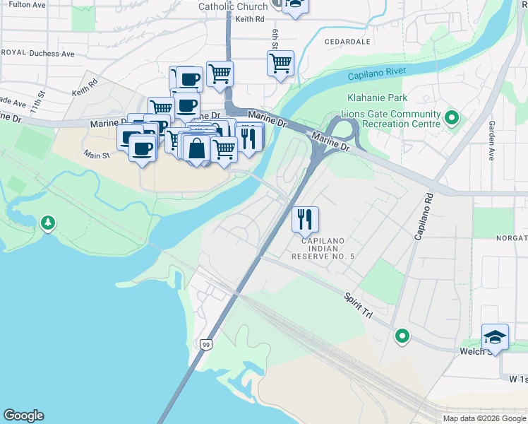 map of restaurants, bars, coffee shops, grocery stores, and more near 233 Tyee Drive in West Vancouver