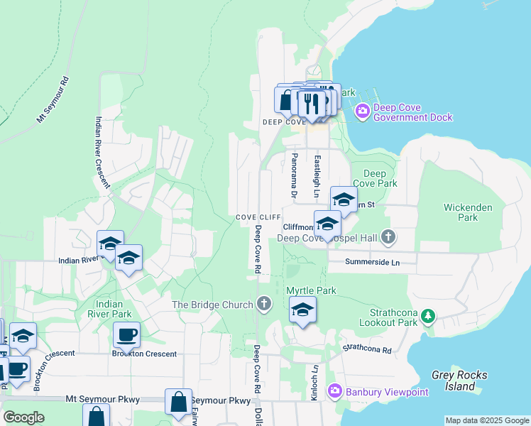 map of restaurants, bars, coffee shops, grocery stores, and more near 1806 Deep Cove Road in North Vancouver
