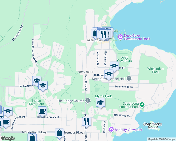 map of restaurants, bars, coffee shops, grocery stores, and more near 1806 Deep Cove Road in North Vancouver