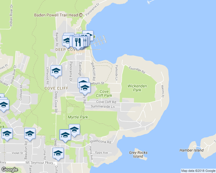 map of restaurants, bars, coffee shops, grocery stores, and more near 4535 Raeburn Street in North Vancouver