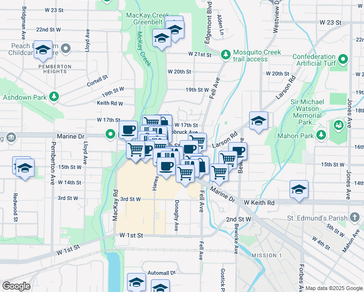 map of restaurants, bars, coffee shops, grocery stores, and more near 809 16th Street West in North Vancouver