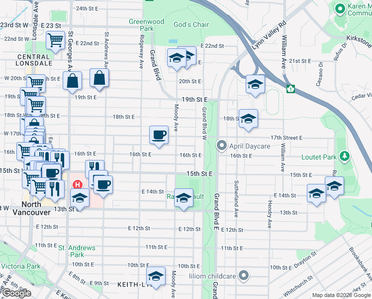 map of restaurants, bars, coffee shops, grocery stores, and more near 518 East 16th Avenue in Vancouver