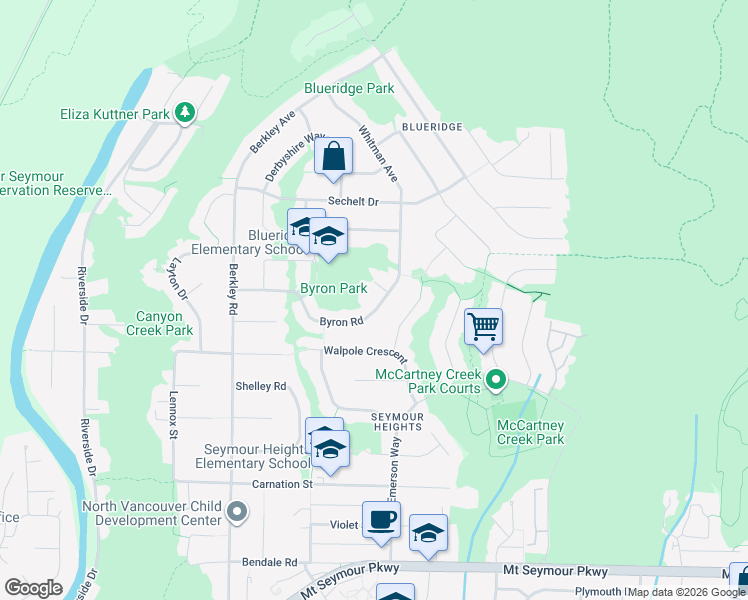 map of restaurants, bars, coffee shops, grocery stores, and more near 2716 Byron Road in North Vancouver