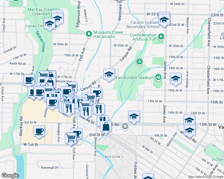 map of restaurants, bars, coffee shops, grocery stores, and more near in Vancouver