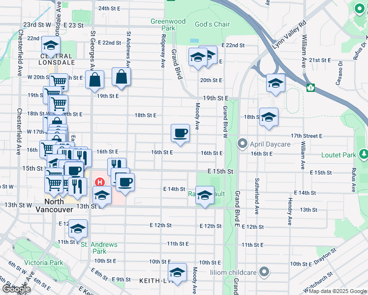 map of restaurants, bars, coffee shops, grocery stores, and more near 442 16th Street East in North Vancouver