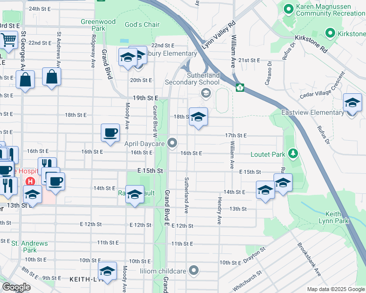 map of restaurants, bars, coffee shops, grocery stores, and more near 1621 Sutherland Avenue in North Vancouver