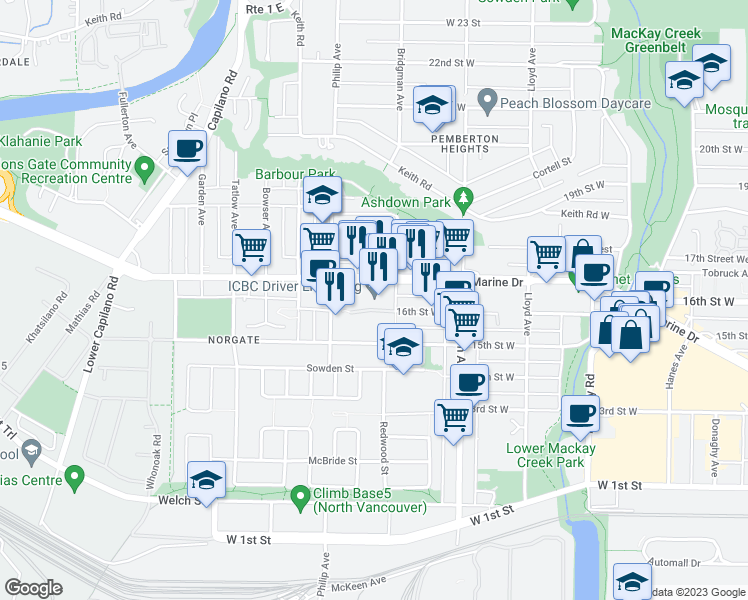 map of restaurants, bars, coffee shops, grocery stores, and more near 1331 Marine Drive in North Vancouver