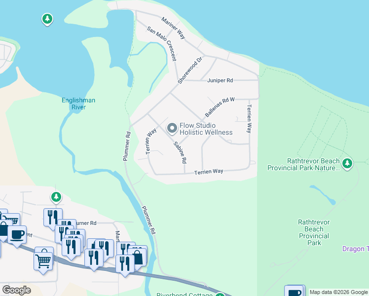 map of restaurants, bars, coffee shops, grocery stores, and more near 1055 Sabine Road in Parksville