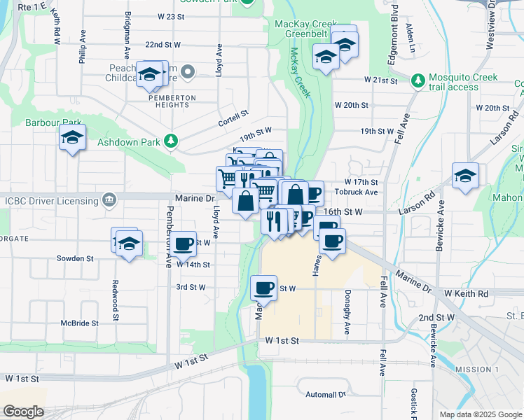 map of restaurants, bars, coffee shops, grocery stores, and more near 1600 Mackay Road in North Vancouver
