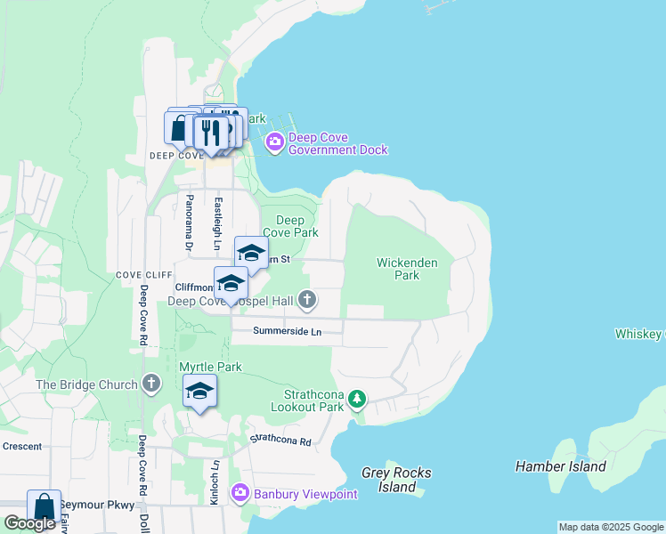 map of restaurants, bars, coffee shops, grocery stores, and more near 4585 Raeburn Street in North Vancouver
