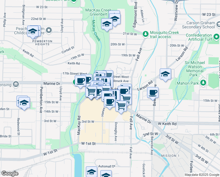 map of restaurants, bars, coffee shops, grocery stores, and more near 900 16th Street West in North Vancouver