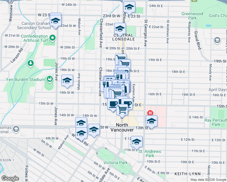 map of restaurants, bars, coffee shops, grocery stores, and more near 120 West 16th Avenue in Vancouver