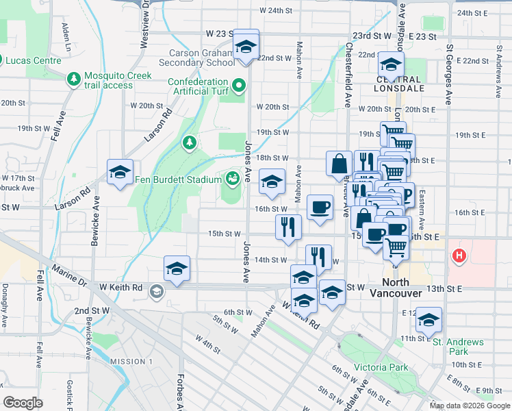 map of restaurants, bars, coffee shops, grocery stores, and more near 358 16th Street West in North Vancouver