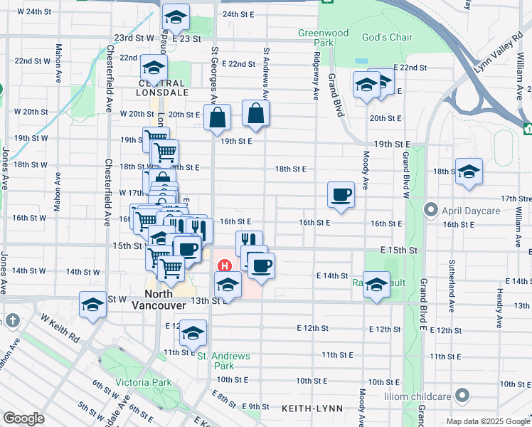 map of restaurants, bars, coffee shops, grocery stores, and more near 1618 Saint Andrews Avenue in North Vancouver