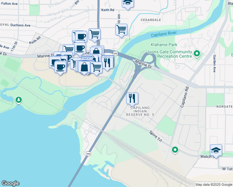 map of restaurants, bars, coffee shops, grocery stores, and more near 268 Tyee Drive in West Vancouver