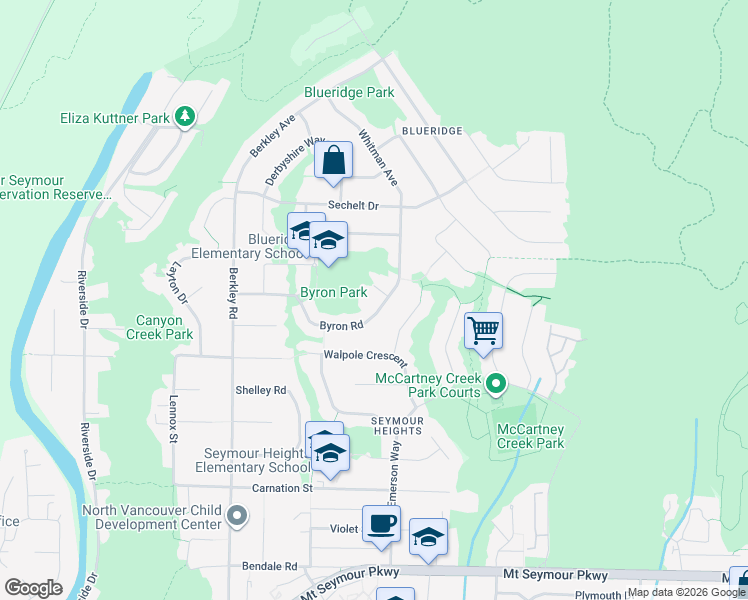 map of restaurants, bars, coffee shops, grocery stores, and more near 2717 Byron Road in North Vancouver