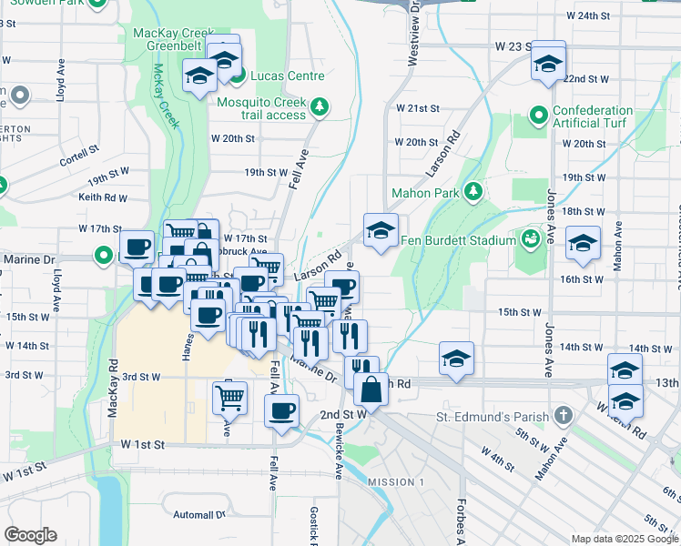 map of restaurants, bars, coffee shops, grocery stores, and more near 1609 Bewicke Avenue in North Vancouver