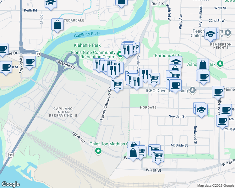 map of restaurants, bars, coffee shops, grocery stores, and more near 1979 Marine Drive in North Vancouver