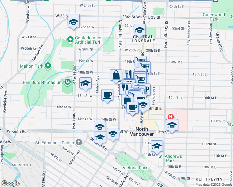map of restaurants, bars, coffee shops, grocery stores, and more near in North Vancouver