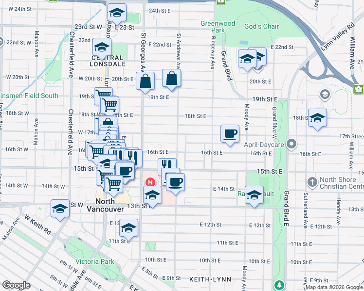 map of restaurants, bars, coffee shops, grocery stores, and more near 1620 Saint Andrews Avenue in North Vancouver