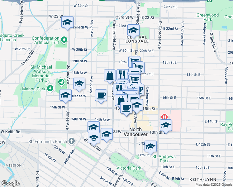 map of restaurants, bars, coffee shops, grocery stores, and more near 1606 Chesterfield Avenue in North Vancouver