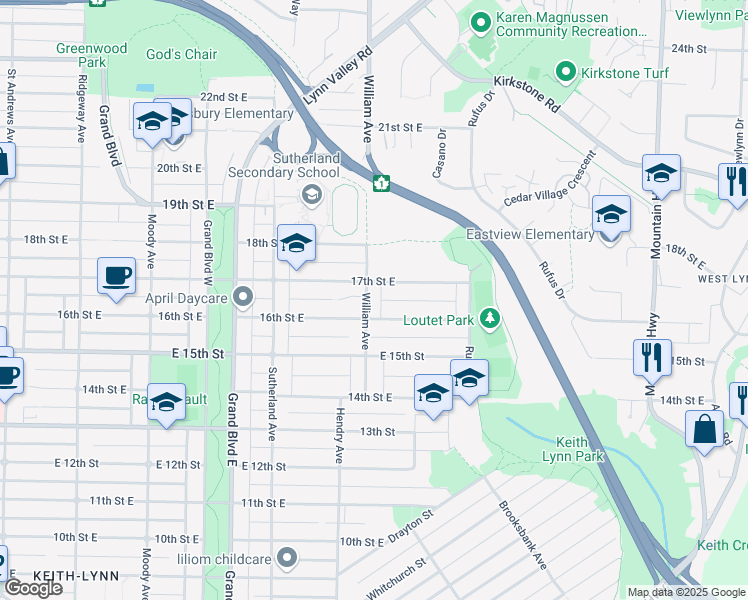 map of restaurants, bars, coffee shops, grocery stores, and more near 1628 William Avenue in North Vancouver