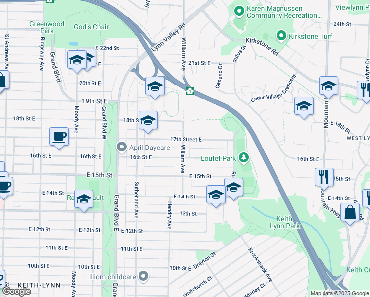 map of restaurants, bars, coffee shops, grocery stores, and more near 1628 William Avenue in North Vancouver