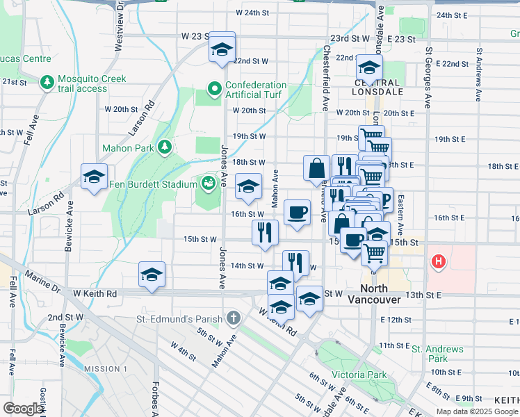 map of restaurants, bars, coffee shops, grocery stores, and more near 318 16th Street West in North Vancouver