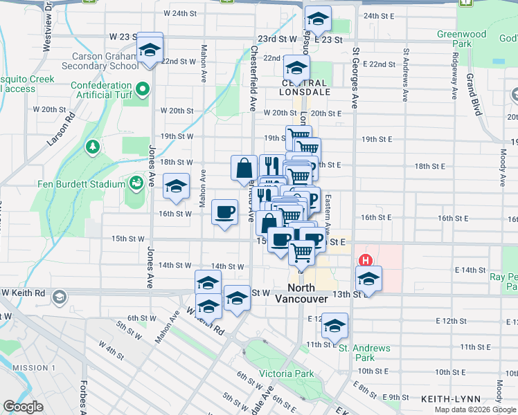 map of restaurants, bars, coffee shops, grocery stores, and more near 1610 Chesterfield Avenue in North Vancouver